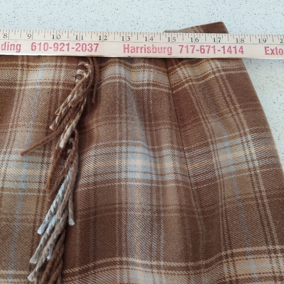 VTG Village Maxi Skirt Plaid Wool Blend Faux Wrap Fringe Lined Size 14 Tan Blue - Picture 10 of 14
